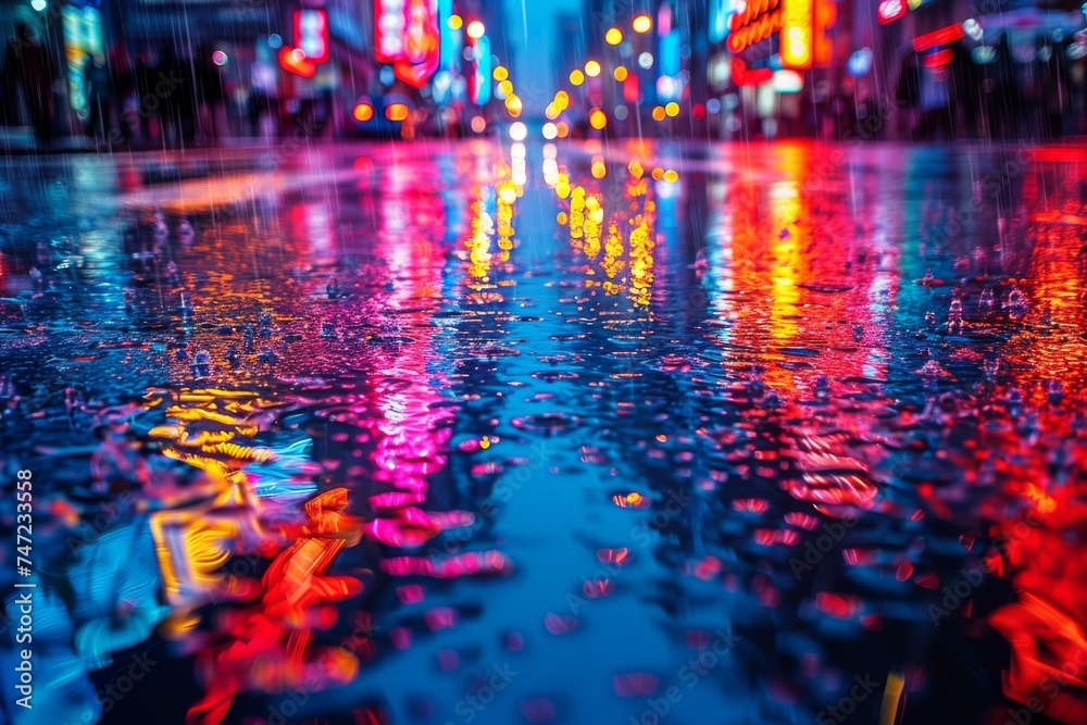 Vibrant City Street Illuminated With Colorful Lights