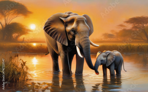 a mother elephant and her calf by the water