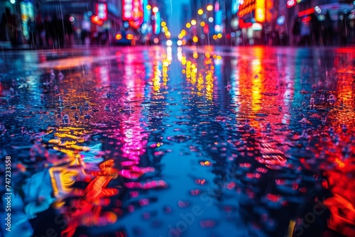 Vibrant City Street Illuminated With Colorful Lights