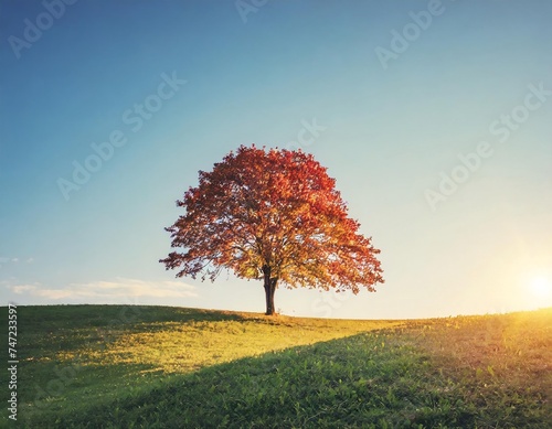 Tree on grass field and blue sky with sunset.