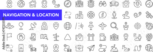 Navigation and location icon set with editable stroke. Map location and navigation thin line icon collection. Vector illustration