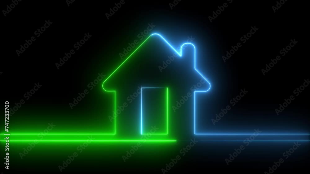 Glowing neon line Map pointer with house icon isolated on black background. Home location marker symbol. Glowing neon line Map pointer with house icon isolated on black background. Home location marker symbol.