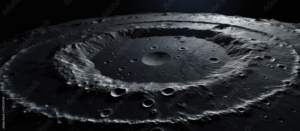 A black and white circular crater on the lunar surface is prominently featured in this striking image. The intricate details of the crater create a mesmerizing focal point. A black and white circular crater on the lunar surface is prominently featured in this striking image. The intricate details of the crater create a mesmerizing focal point.