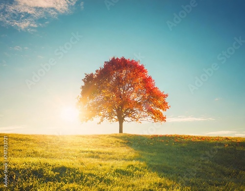 Tree on grass field and blue sky with sunset.