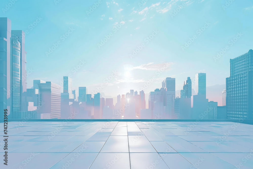 White floor and modern city scene with a sunrise.