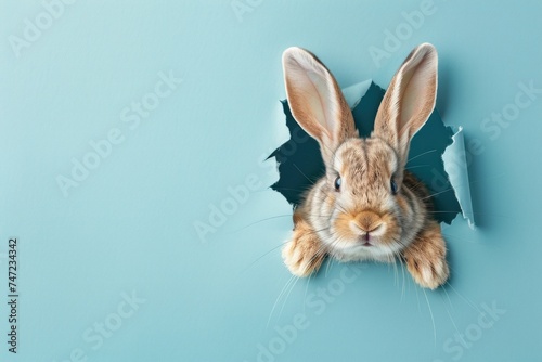 A curious rabbit appears through a torn blue paper, creating a playful, whimsical image