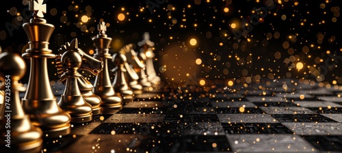 Golden chess pieces on board with festive bokeh lights, strategic gameplay illuminated