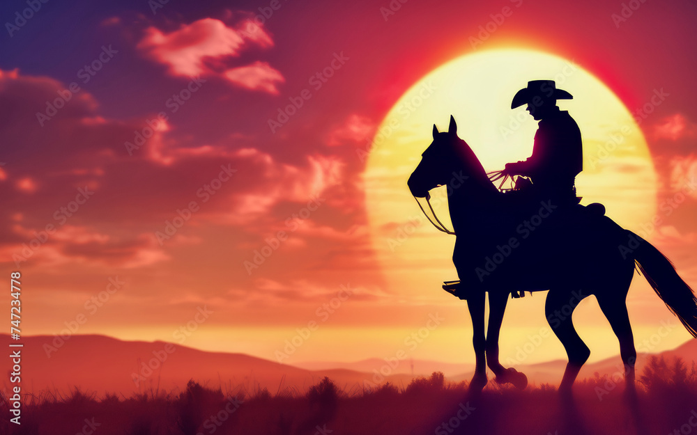 Silhouette of Cowboy Riding Horse at Vibrant Sunset
