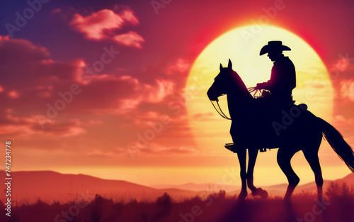 Silhouette of Cowboy Riding Horse at Vibrant Sunset © Diego