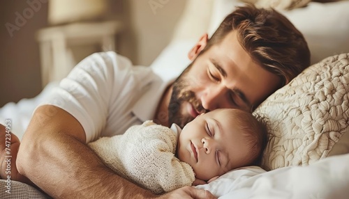A father bonding with newborn baby in a cozy home setting, blurred background with copy space