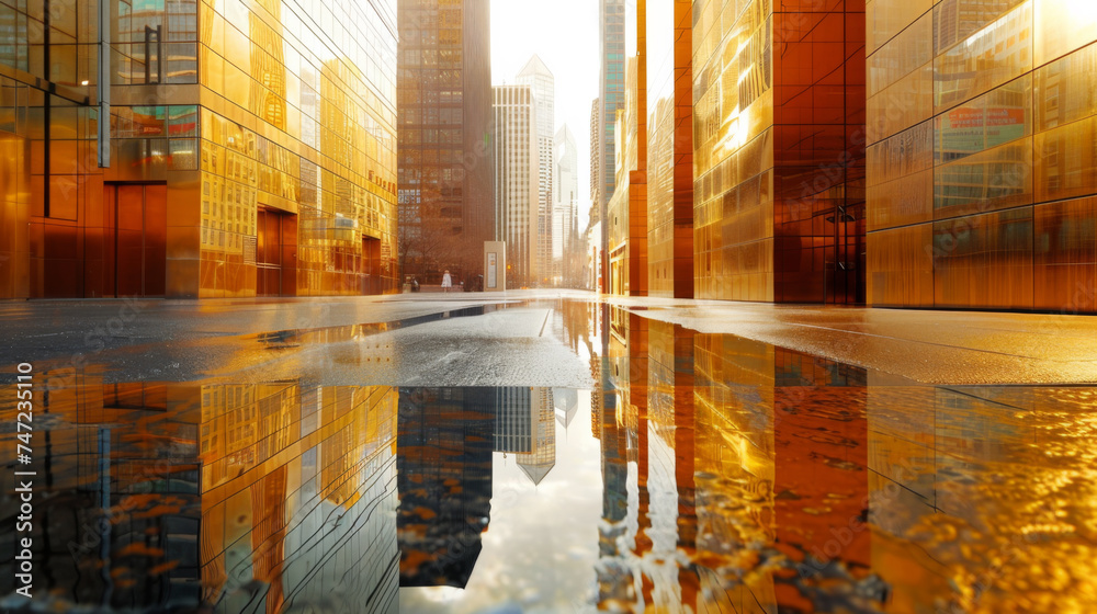 An empty street and buildings with a reflection in the puddle. An empty street and buildings with a reflection in the puddle.