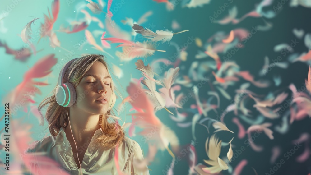 An artistic representation of a woman with a VR headset, immersed in a world with colorful feathers swirling around