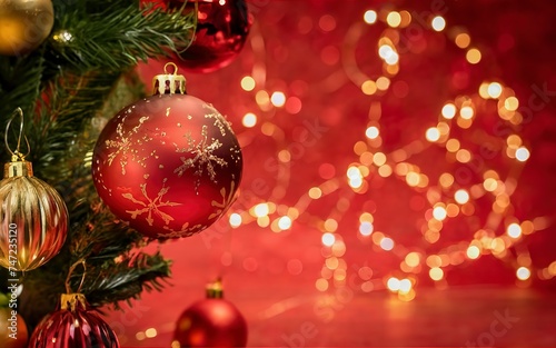 Christmas decoration balls and ornaments over abstract bokeh background with copy space