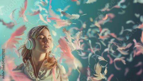 An artistic representation of a woman with a VR headset  immersed in a world with colorful feathers swirling around