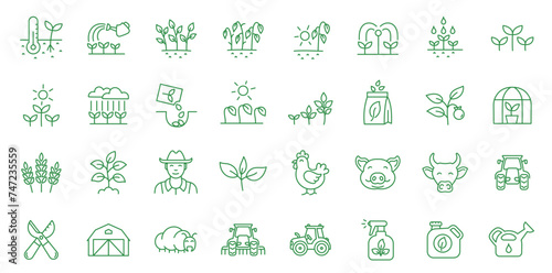 Farming and growing plants. Agriculture and gardener. Set of icons. Vector editable outline stroke.