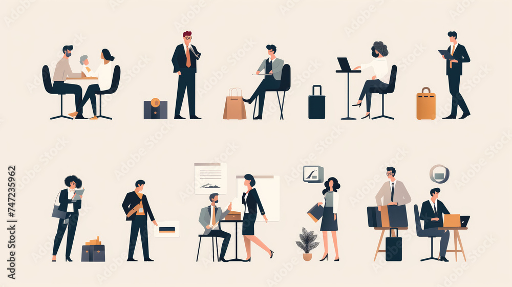 Business Concept Illustrations: Scenes with Men and Women talking or thinking about the business. individuals examining trends, patterns, and insights. 