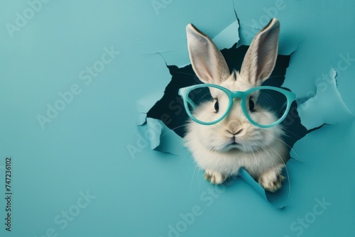 Only the ears and paws of a rabbit visible through a torn blue background, evoking curiosity and playfulness © Fxquadro
