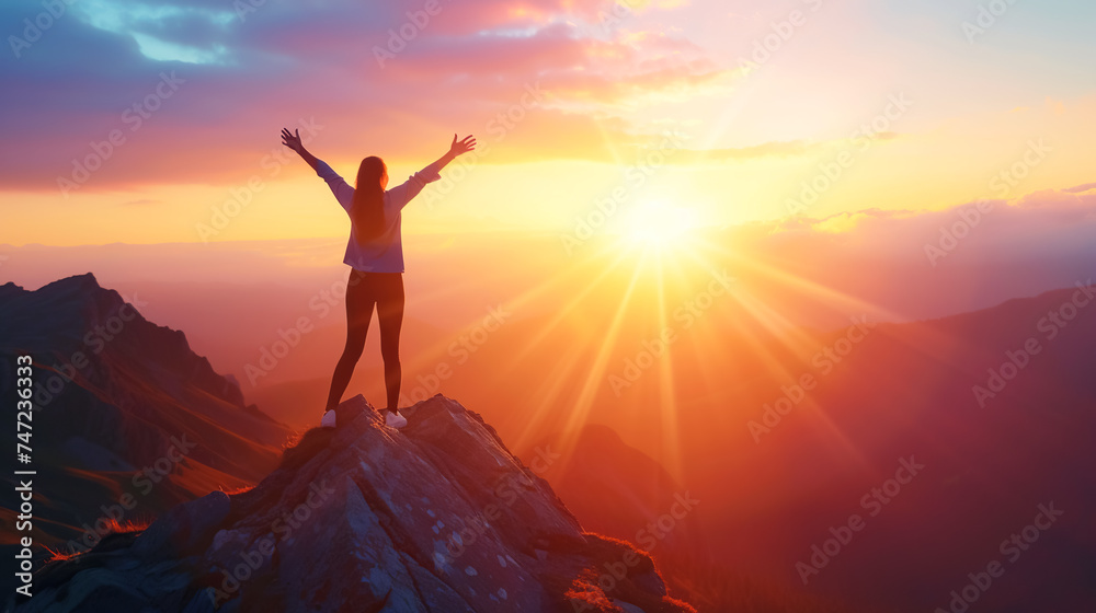 A woman on a mountaintop celebrates her triumph, in the spirit of adventure, against the backdrop of a stunning sunrise