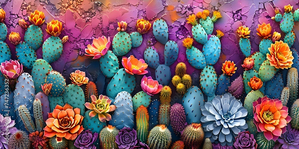 Exploding with colorful diversity: Vibrant cactus display on textured background. Concept Desert Botanical Garden, Cactus Collection, Vibrant Colors, Textured Background, Diversity