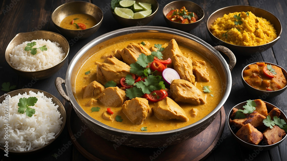 A photograph showcases a steaming bowl of Chicken Korma, its velvety texture and rich aroma enticing you to dive into the depths of the dish on the dark wooden table and that is this iconic Indian mea A photograph showcases a steaming bowl of Chicken Korma, its velvety texture and rich aroma enticing you to dive into the depths of the dish on the dark wooden table and that is this iconic Indian mea