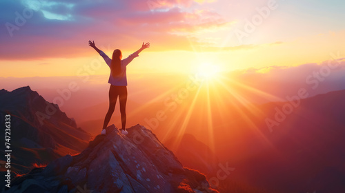 A woman on a mountaintop celebrates her triumph, in the spirit of adventure, against the backdrop of a stunning sunrise photo