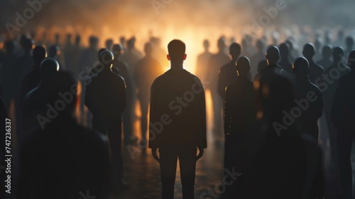 One person stands facing a crowd of blurred figures, depicting individuality or confrontation.