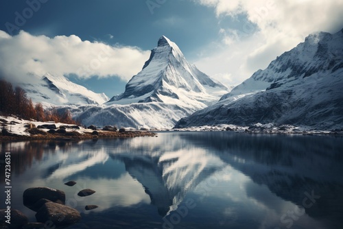 a mountain with snow and a lake © Constantin