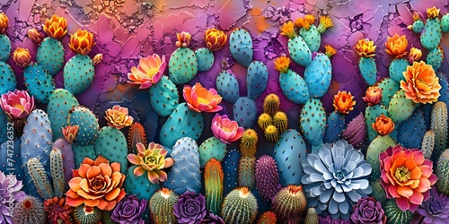 Exploding with colorful diversity: Vibrant cactus display on textured background. Concept Desert Botanical Garden, Cactus Collection, Vibrant Colors, Textured Background, Diversity