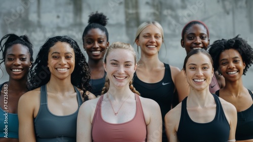 A multicultural group of women in athletic wear smiling confidently in a show of unity and strength.