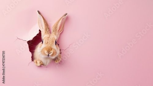 A brown and white rabbit with a fluffy fur texture peeks out from a torn pink background