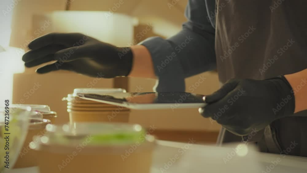 Against the backdrop of boxes of groceries, a warehouse manager, working with a touchscreen tablet, carefully analyzes information on food orders. A tablet in his hands to control current accounting