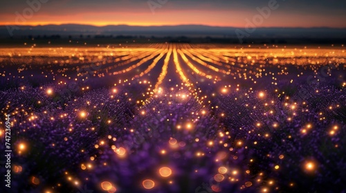 Sunset casting a golden glow on lavender fields with sparkling light effects.