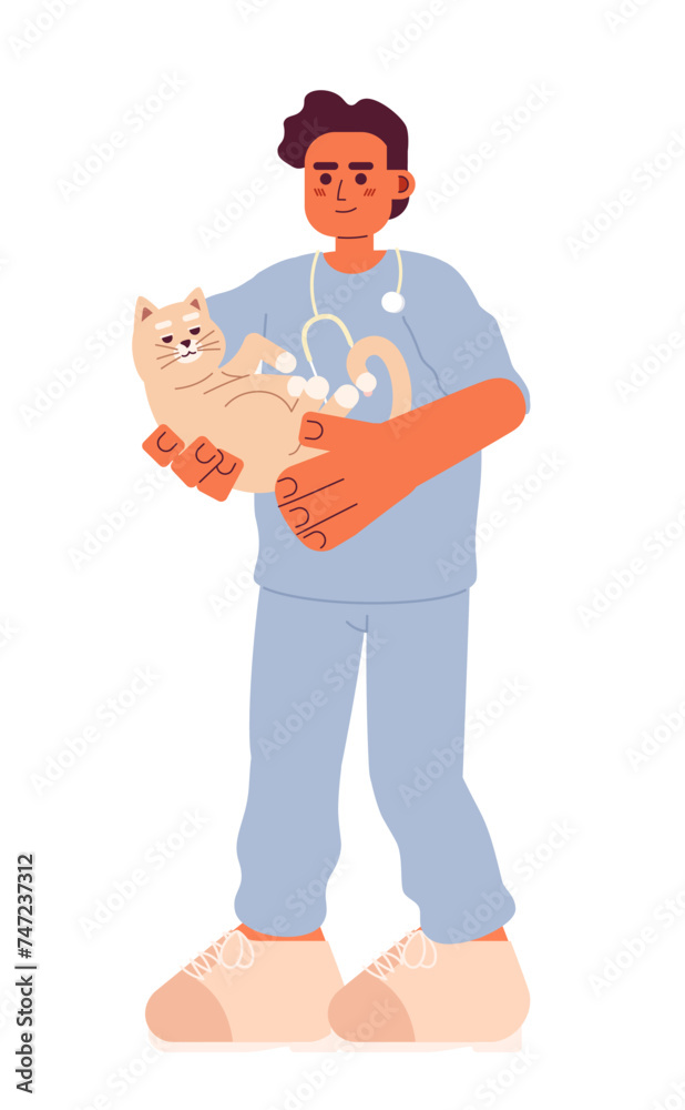 Male veterinarian with cat cartoon flat illustration. Clinic vet man middle eastern holding kitten 2D character isolated on white background. Doctor animal. Veterinary medic scene vector color image