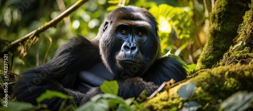 A close-up view of a gorilla in its natural habitat in the Bwindi forest  showing the gorilla holding its foot with its hands.