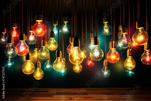 Multi-colored retro light bulbs. Generative AI