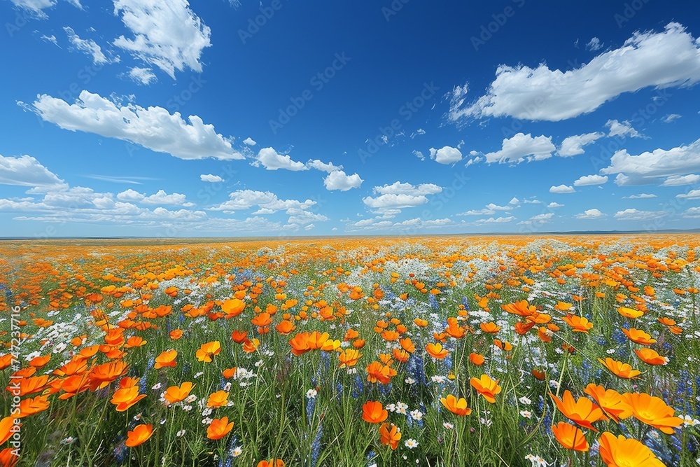 Field of Orange and White Flowers Under Blue Sky