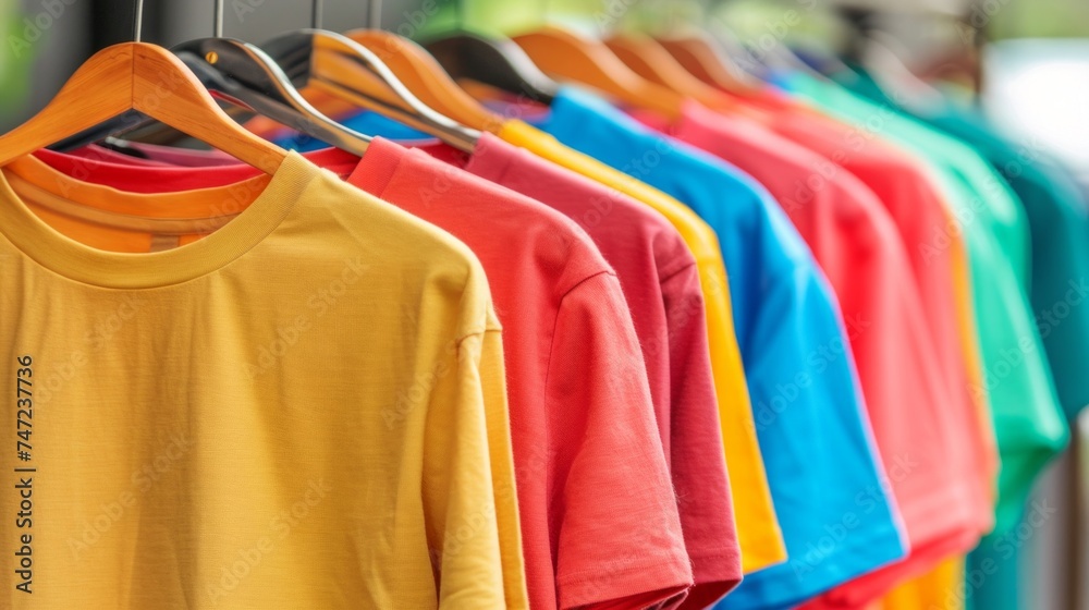 Obraz premium A vibrant display of colorful t-shirts hanging in a row, showcasing a variety of choices for casual wear.