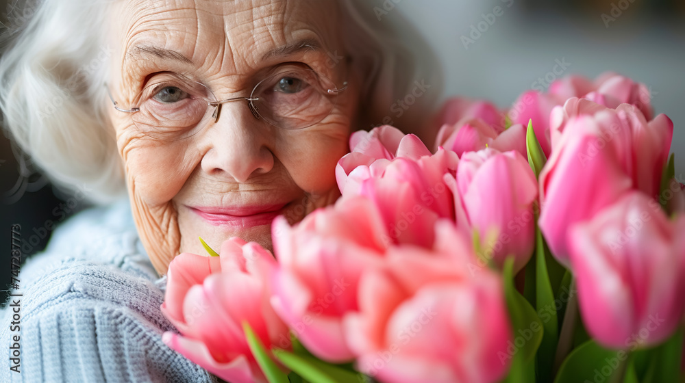 An elderly lady with pink tulips smiles warmly while holding bright bouquet of pink tulips. Spring holidays, March 8, mother's day, day of the elderly An elderly lady with pink tulips smiles warmly while holding bright bouquet of pink tulips. Spring holidays, March 8, mother's day, day of the elderly