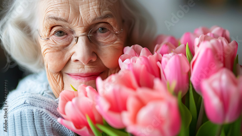 An elderly lady with pink tulips smiles warmly while holding bright bouquet of pink tulips. Spring holidays, March 8, mother's day, day of the elderly