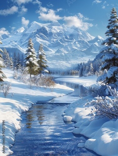 Snowy Mountain Scene With Stream