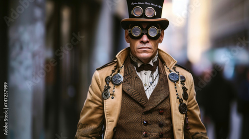 A dapper gentleman sports a top hat with goggles a tweed vest and a long trench coat embellished with br buttons and gears. photo