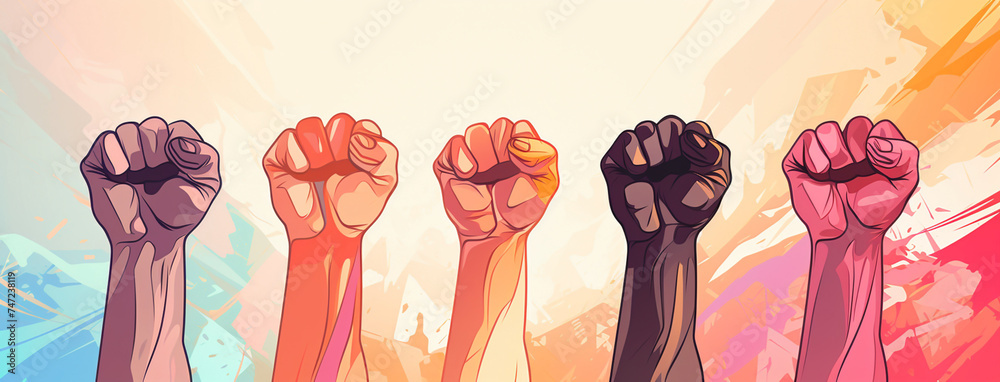 A unity background poster illustration of different colored people raising clench hands illustration   - obrazy, fototapety, plakaty 