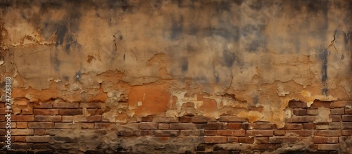 A red fire hydrant stands in front of a dark-toned old brick wall with chipped yellowish plaster. The hydrant stands out against the weathered backdrop.
