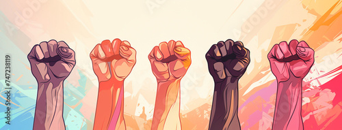 A unity background poster illustration of different colored people raising clench hands illustration   #747238119