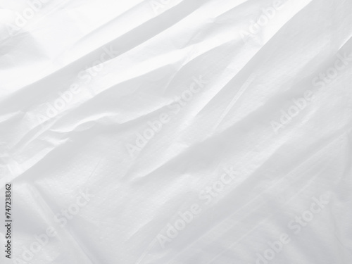 Fototapeta Naklejka Na Ścianę i Meble -  Plastic Paper Foil Silver Crumpled Wrap Film Cellophane White Background Package Pattern Sheese Bag Pvc Frame Stretch Tape Round Clean, Moden Packaging Polythene Surface Mockup Eco Environment.