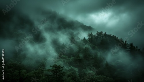 Vintage retro style misty mountain landscape with fir forest in dark green and light gray fog © Ilja