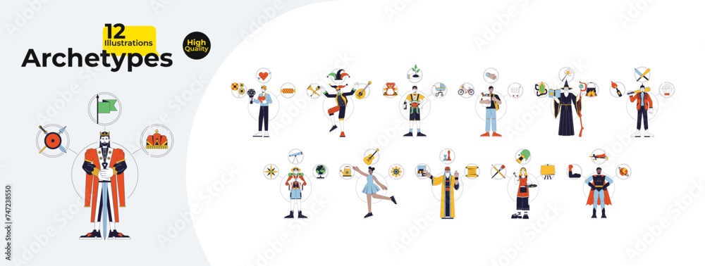 Archetypes psychology 2D linear illustration concept bundle. Archetypal cartoon characters isolated on white. Universal models multicultural people abstract flat vector outline graphic collection