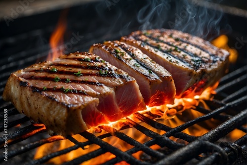 Succulent salmon steaks being grilled to perfection over an open flame barbecue grill photo