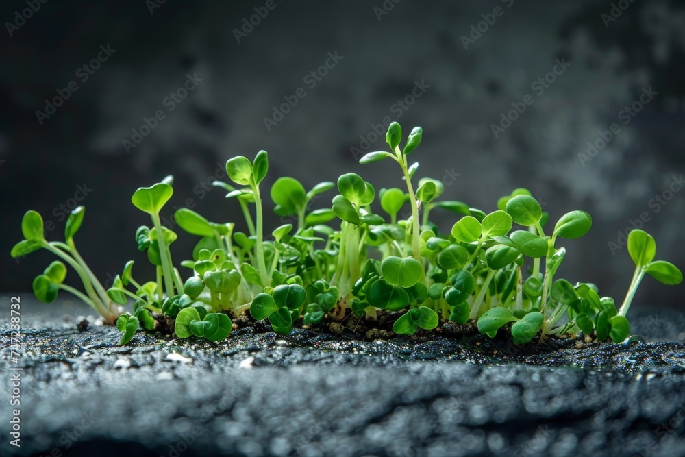fresh green sprouts on dark background, healthy and organic food concept, conscious consumption, earth day concept - obrazy, fototapety, plakaty 