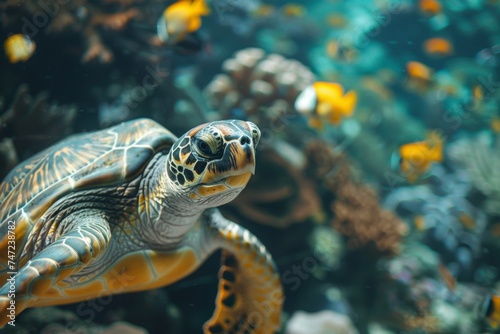 turtle swimming underwater in the sea on a reef, wildlife and ocean preservation concept, earth day concept